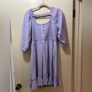 Lilac Puff-Sleeve Smocked Midi Dress - Unbranded
